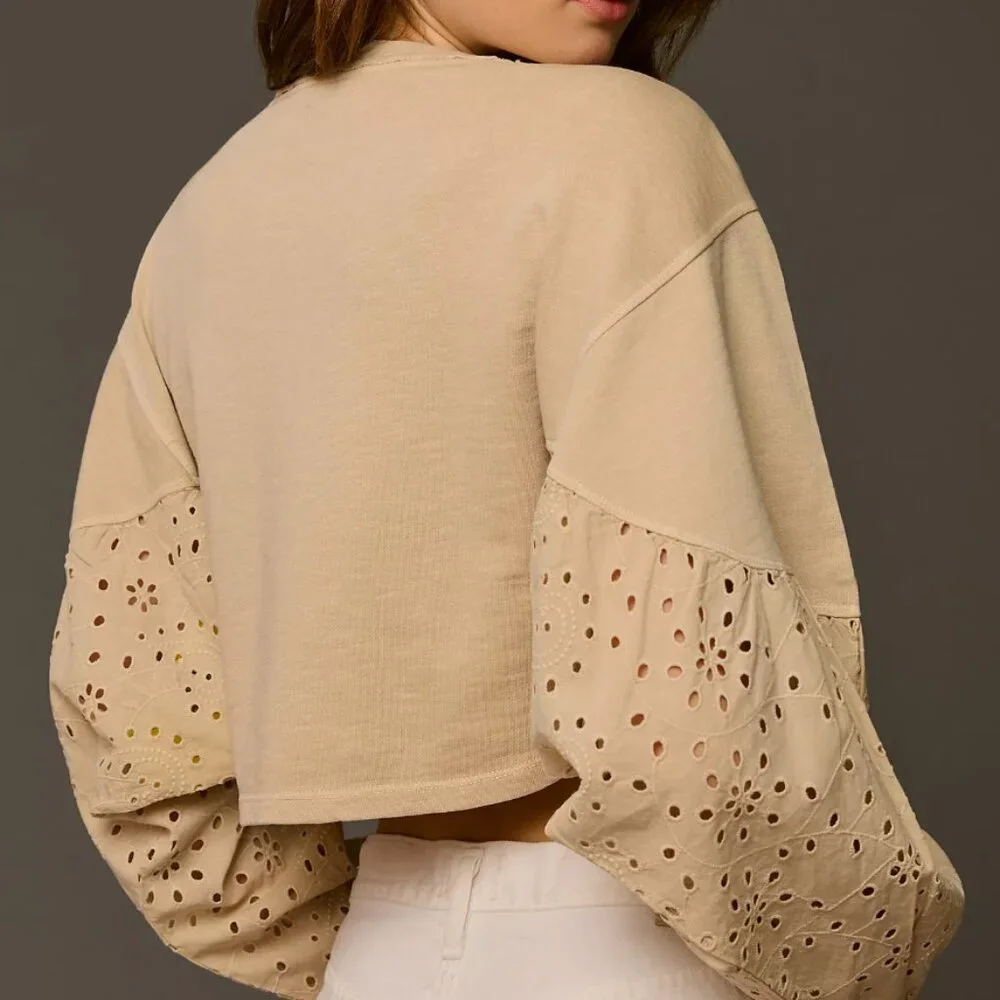 Pilcro Eyelet Sweatshirt batwing crop womens Beige (medium) boho anthropologie